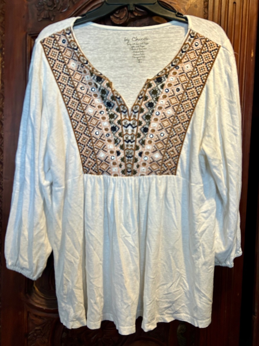 Chico's Cream V-Neck Embroidered Peasant Blouse